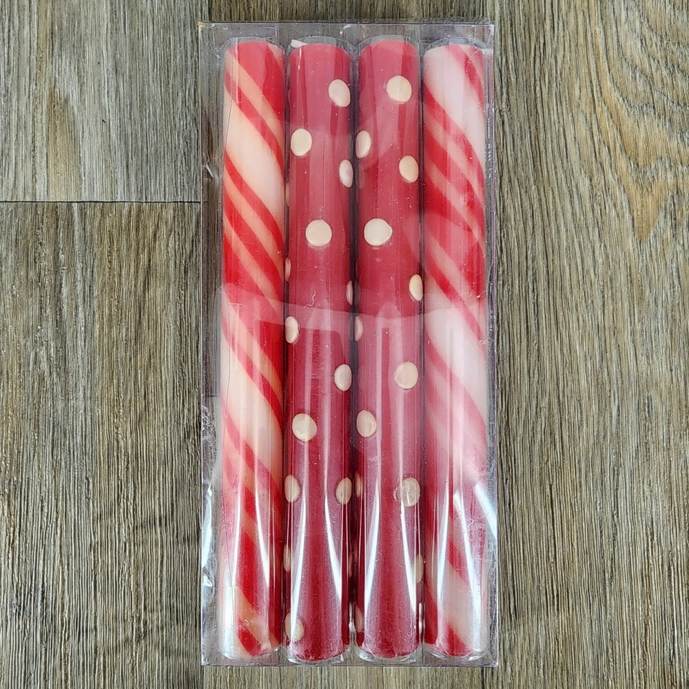 Pier 1 Imports Red and White Striped Polka Dot Taper Candles Set of 4 - Picture 2 of 8